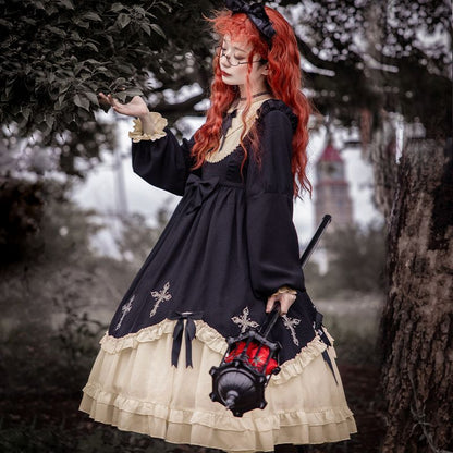 Cross Embroidered Long-Sleeve Lolita Dress mySite