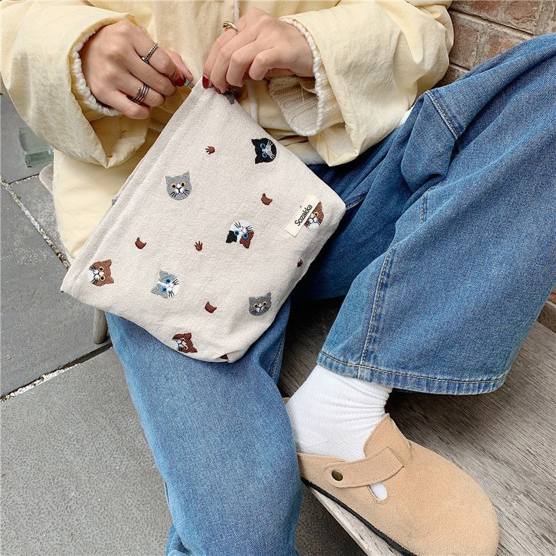 Cat Embroidered Zip Pouch SpreePicky