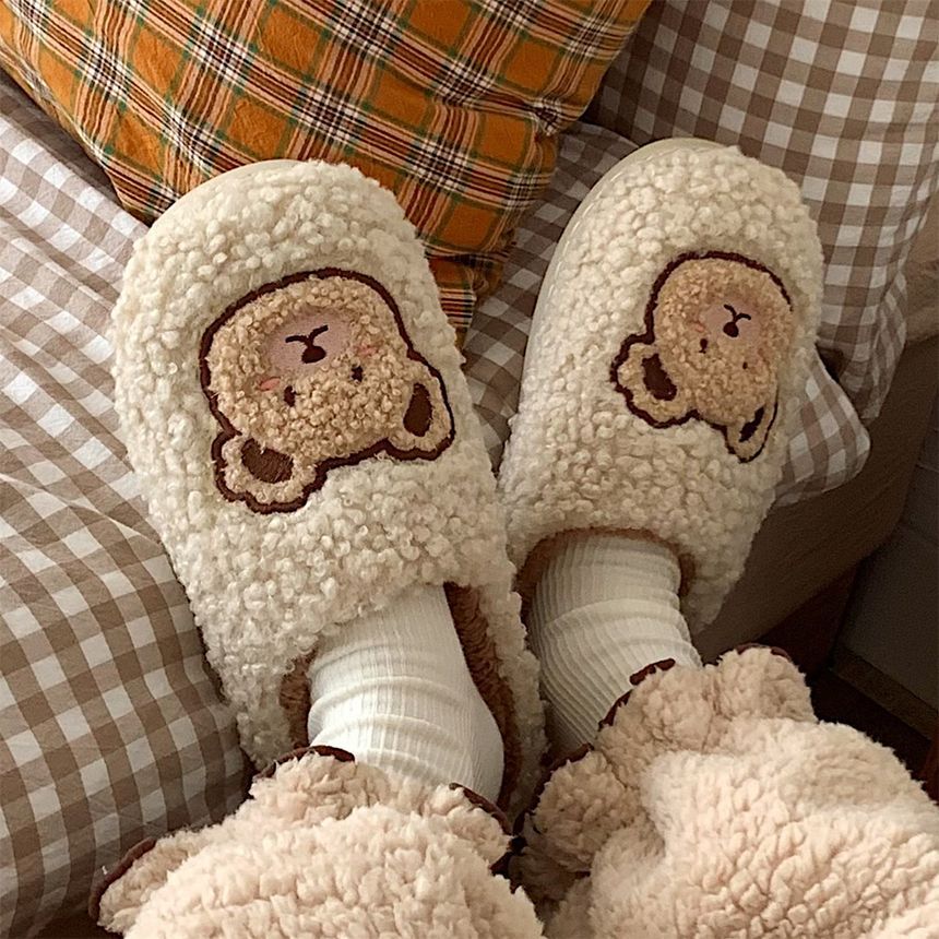 Bear Embroidered Fluffy Home Slippers SpreePicky