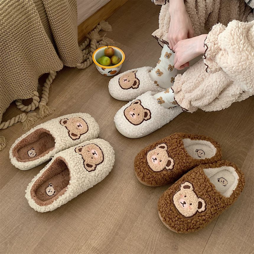 Bear Embroidered Fluffy Home Slippers SpreePicky