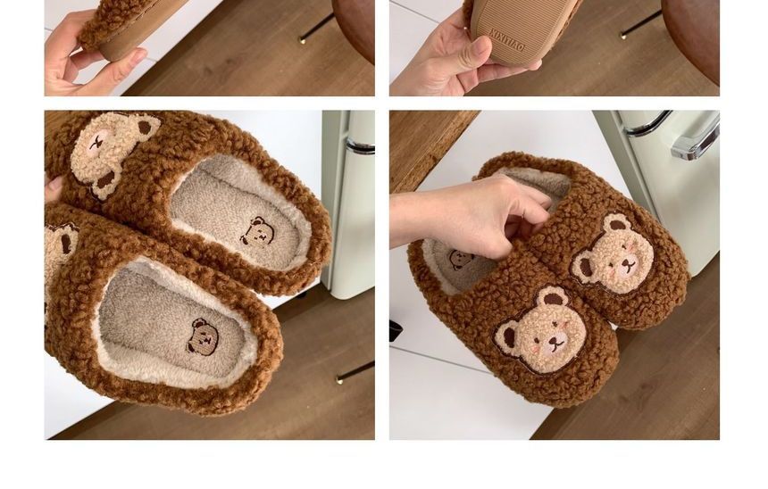 Bear Embroidered Fluffy Home Slippers SpreePicky