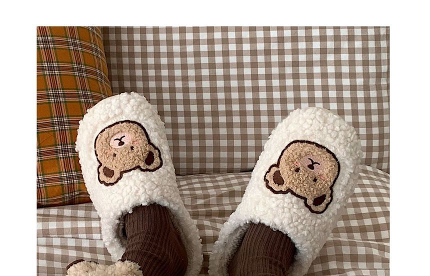 Bear Embroidered Fluffy Home Slippers SpreePicky