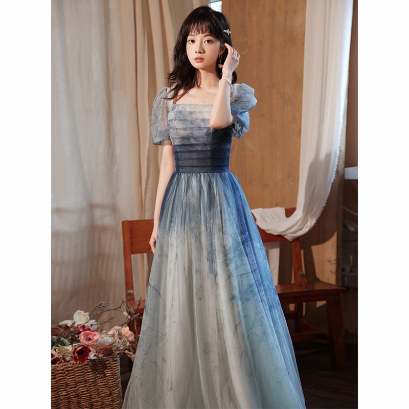 Puff-Sleeve Tie-Dye Mesh A-Line Evening Gown SpreePicky