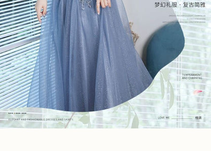 Puff-Sleeve Sequined Mesh A-Line Evening Gown SpreePicky