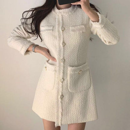 Long-Sleeve Fray Hem Mini A-Line Tweed Dress SpreePicky