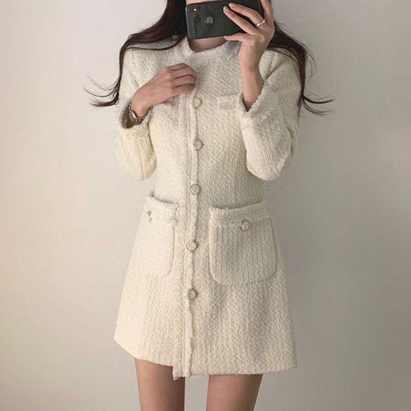 Long-Sleeve Fray Hem Mini A-Line Tweed Dress SpreePicky