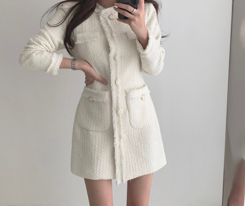 Long-Sleeve Fray Hem Mini A-Line Tweed Dress SpreePicky