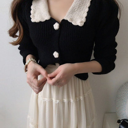 Collared Cardigan / Mesh Midi A-Line Skirt SpreePicky