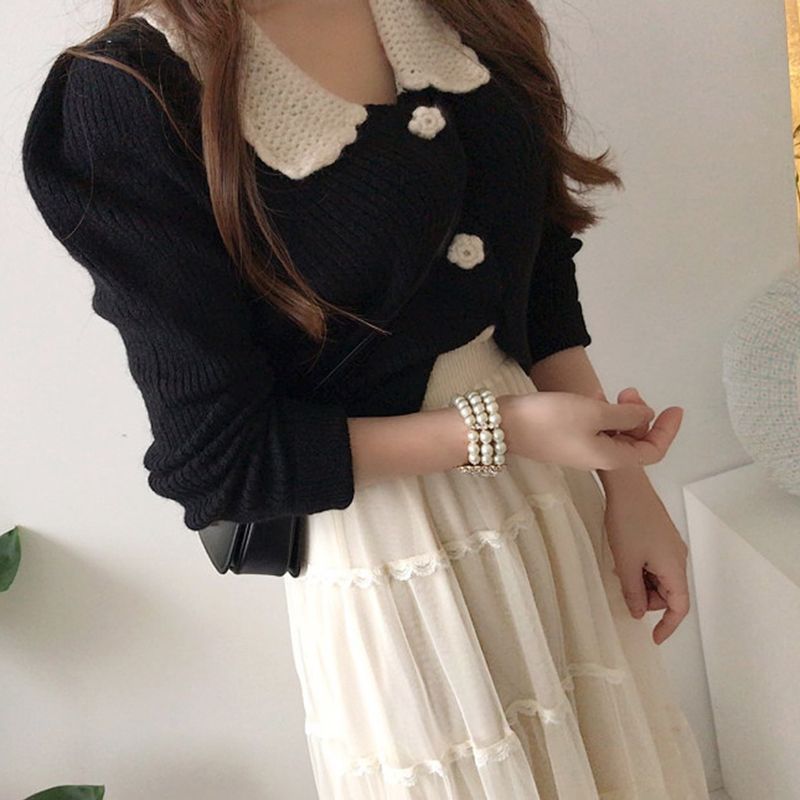 Collared Cardigan / Mesh Midi A-Line Skirt SpreePicky