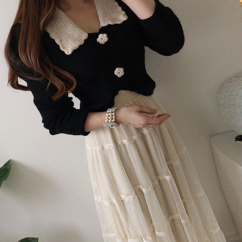 Collared Cardigan / Mesh Midi A-Line Skirt SpreePicky