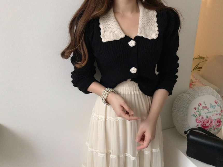 Collared Cardigan / Mesh Midi A-Line Skirt SpreePicky