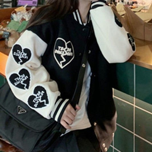 Heart Pattern Baseball Jacket SpreePicky