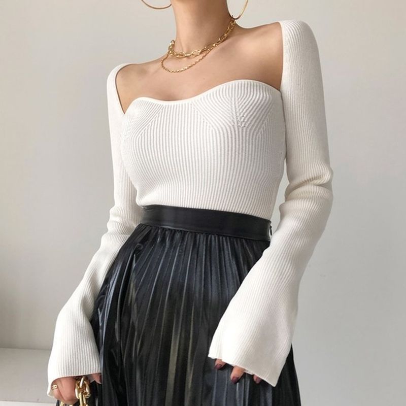 Square-Neck Ribbed Knit Top SpreePicky