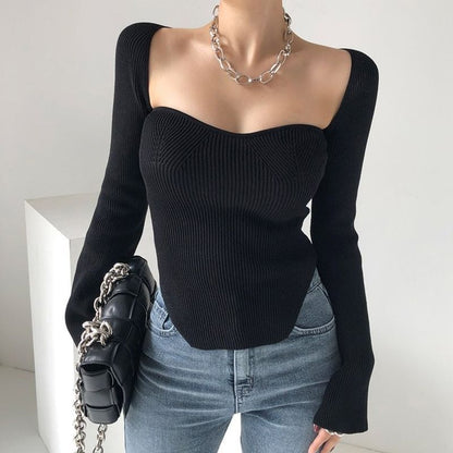 Square-Neck Ribbed Knit Top SpreePicky