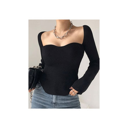 Square-Neck Ribbed Knit Top SpreePicky