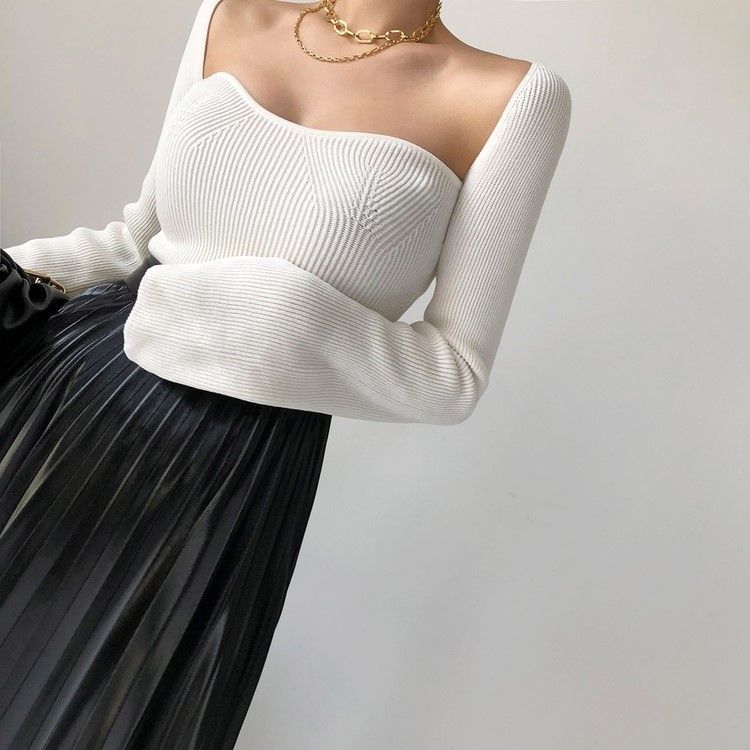 Square-Neck Ribbed Knit Top SpreePicky