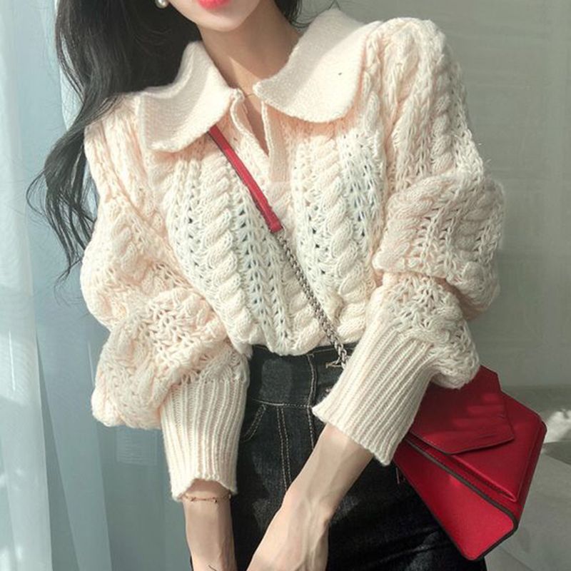 Puff-Sleeve Polo-Neck Pointelle Knit Sweater SpreePicky