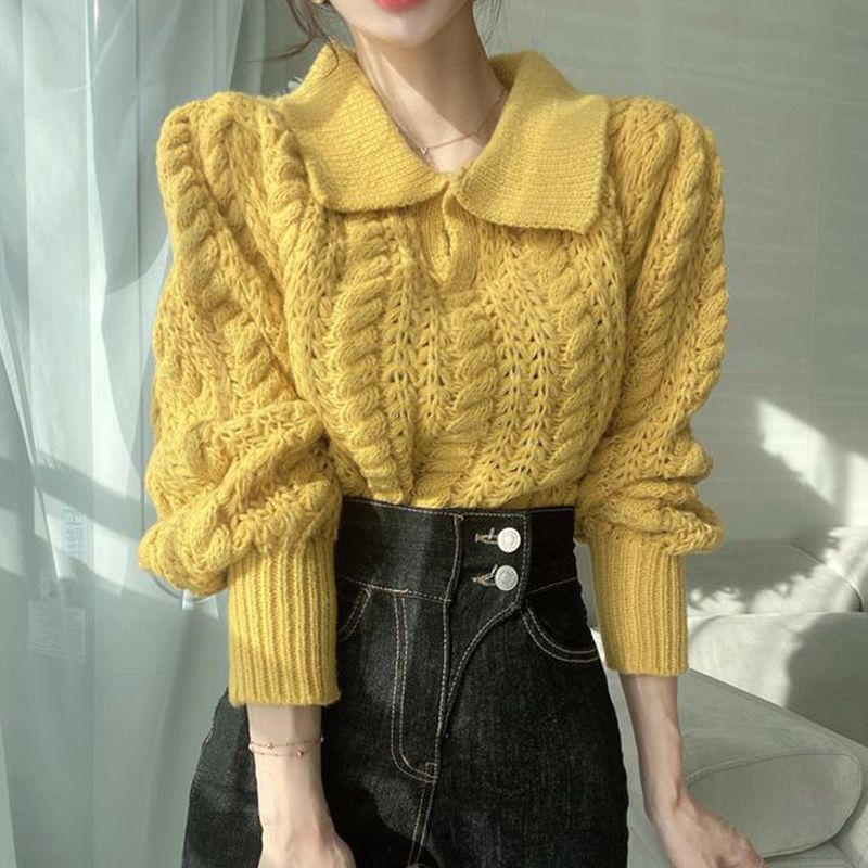 Puff-Sleeve Polo-Neck Pointelle Knit Sweater SpreePicky