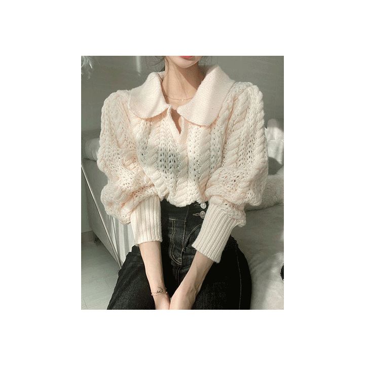 Puff-Sleeve Polo-Neck Pointelle Knit Sweater SpreePicky