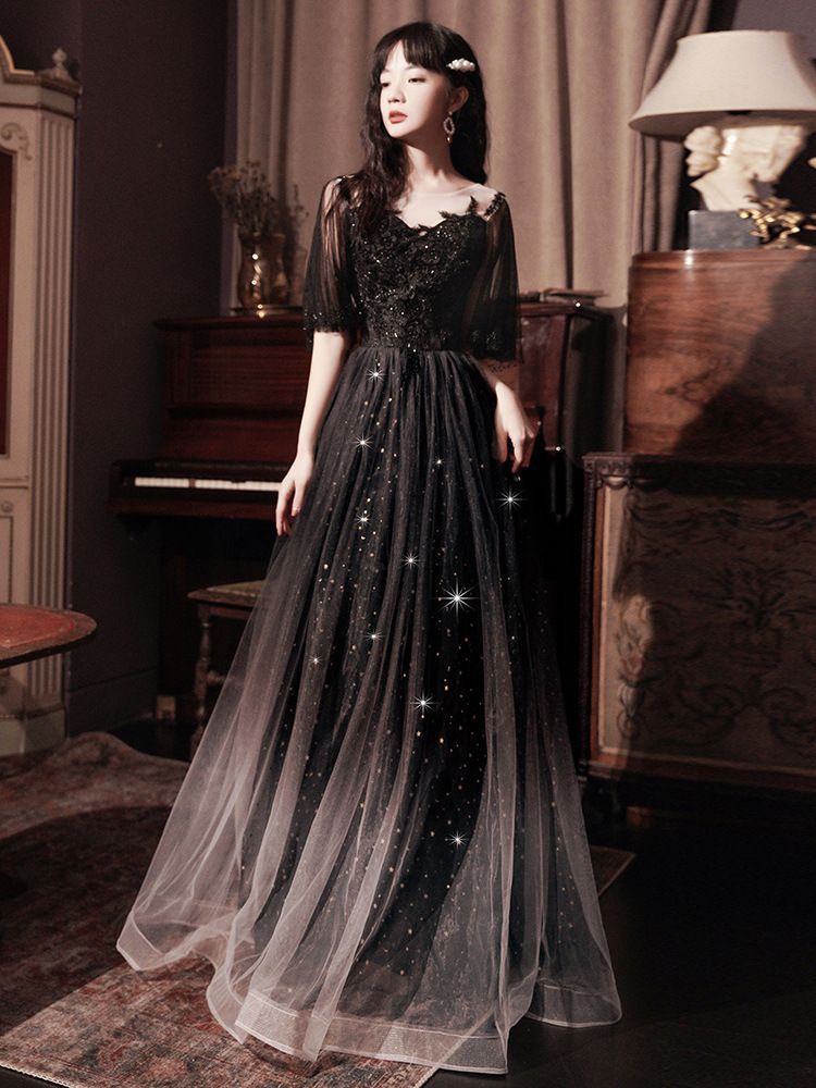 / Gown Evening A-Line Sheer Dress Short-Sleeve FashionChic