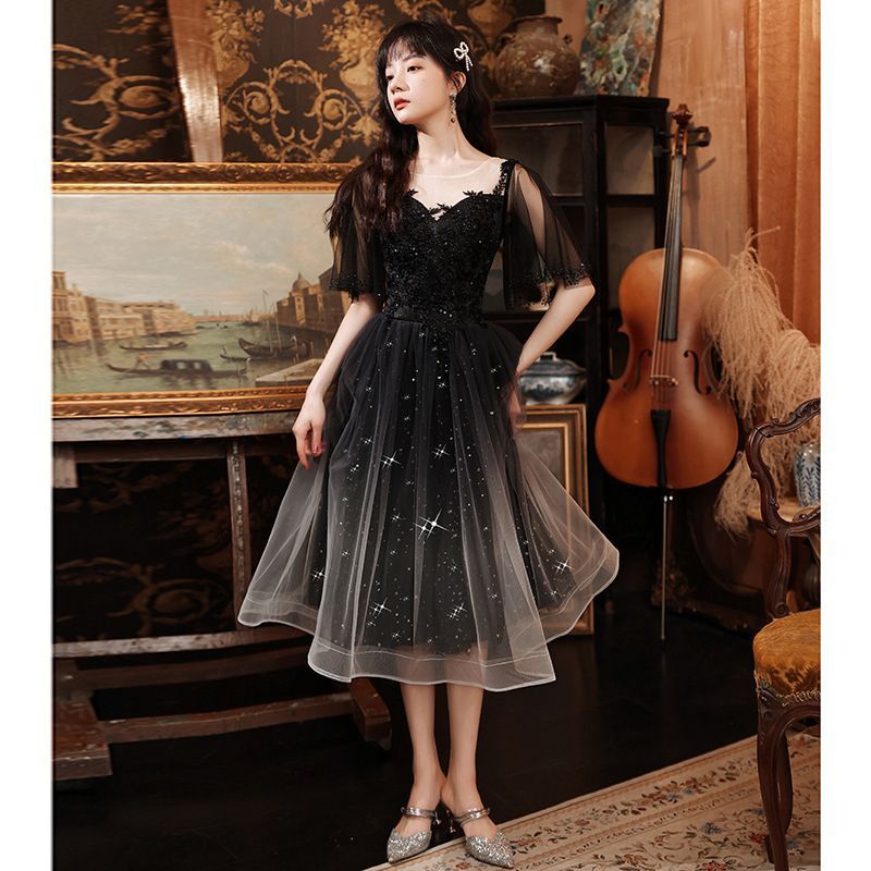 / Gown Evening A-Line Sheer Dress Short-Sleeve FashionChic