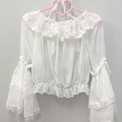 Flared-Sleeve Lace Trim Blouse / Bow Accent Overall Dress SpreePicky