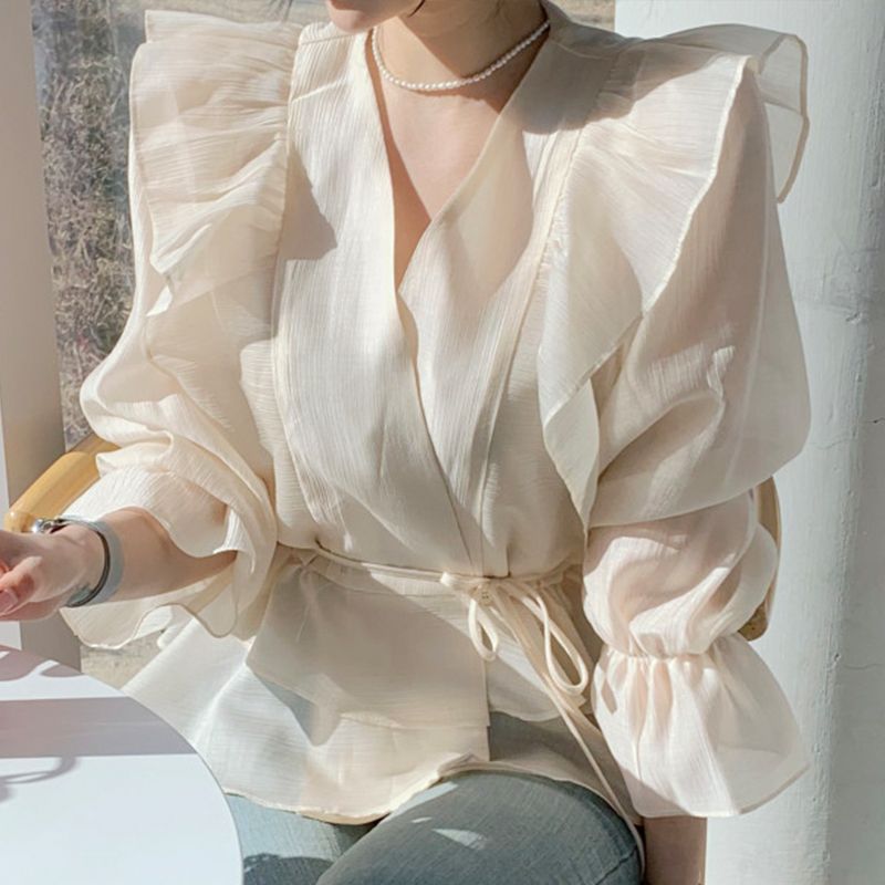 Bell-Sleeve V-Neck Ruffled Blouse SpreePicky