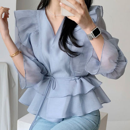 Bell-Sleeve V-Neck Ruffled Blouse SpreePicky