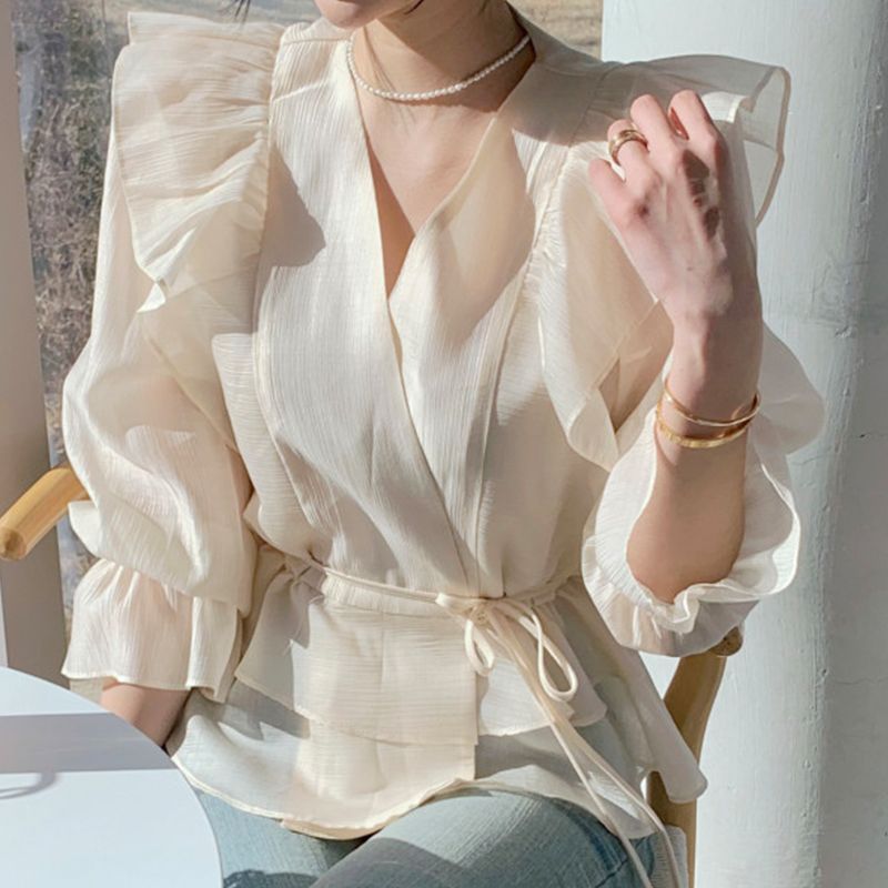 Bell-Sleeve V-Neck Ruffled Blouse SpreePicky