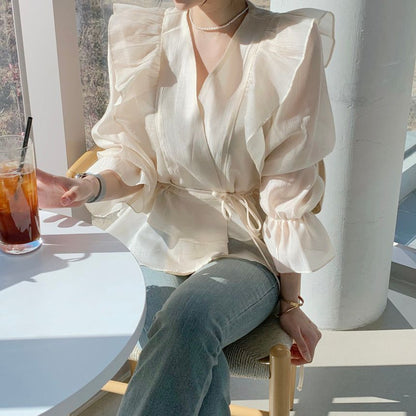 Bell-Sleeve V-Neck Ruffled Blouse SpreePicky