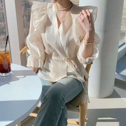 Bell-Sleeve V-Neck Ruffled Blouse SpreePicky