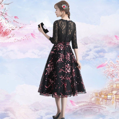 Elbow-Sleeve Floral Embroidered A-Line Lace Cocktail Dress SpreePicky