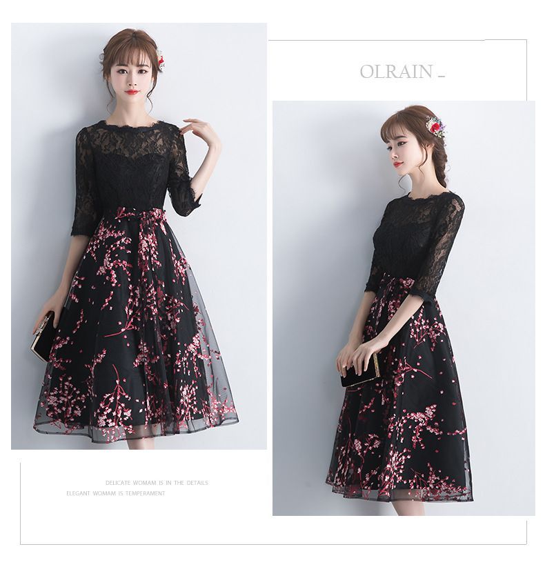 Elbow-Sleeve Floral Embroidered A-Line Lace Cocktail Dress SpreePicky