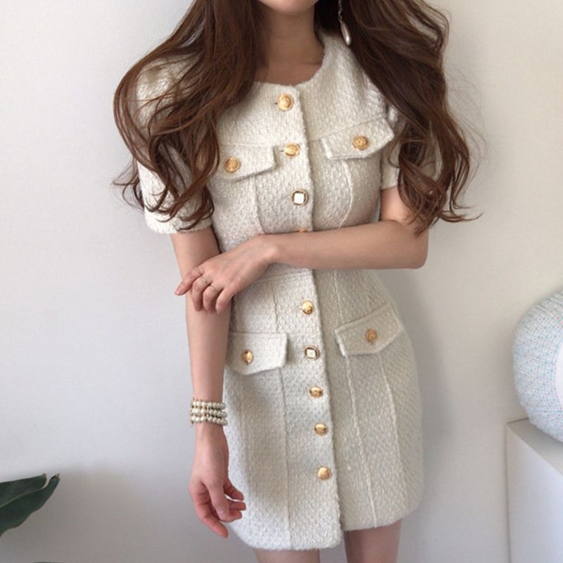 Short-Sleeve Button-Up Tweed Mini Sheath Dress SpreePicky