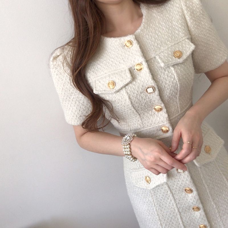 Short-Sleeve Button-Up Tweed Mini Sheath Dress SpreePicky