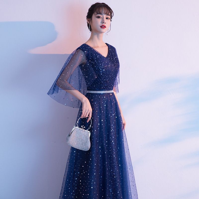 Bell-Sleeve Sequined A-Line Evening Gown SpreePicky