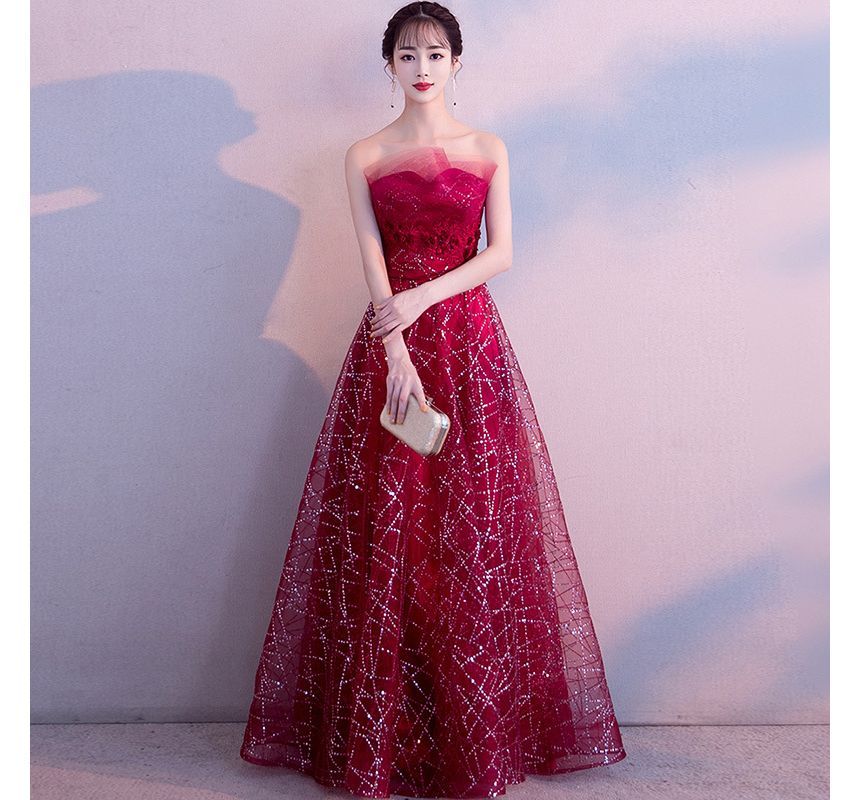 Strapless Evening Gown Mesh Glitter Maxi FashionChic