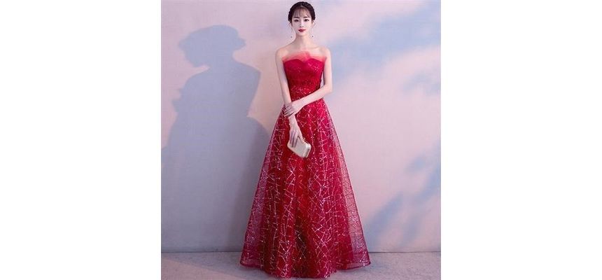 Strapless Evening Gown Mesh Glitter Maxi FashionChic