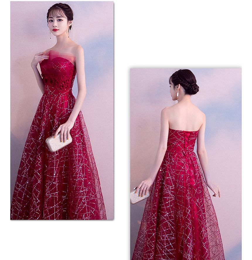 Strapless Evening Gown Mesh Glitter Maxi FashionChic