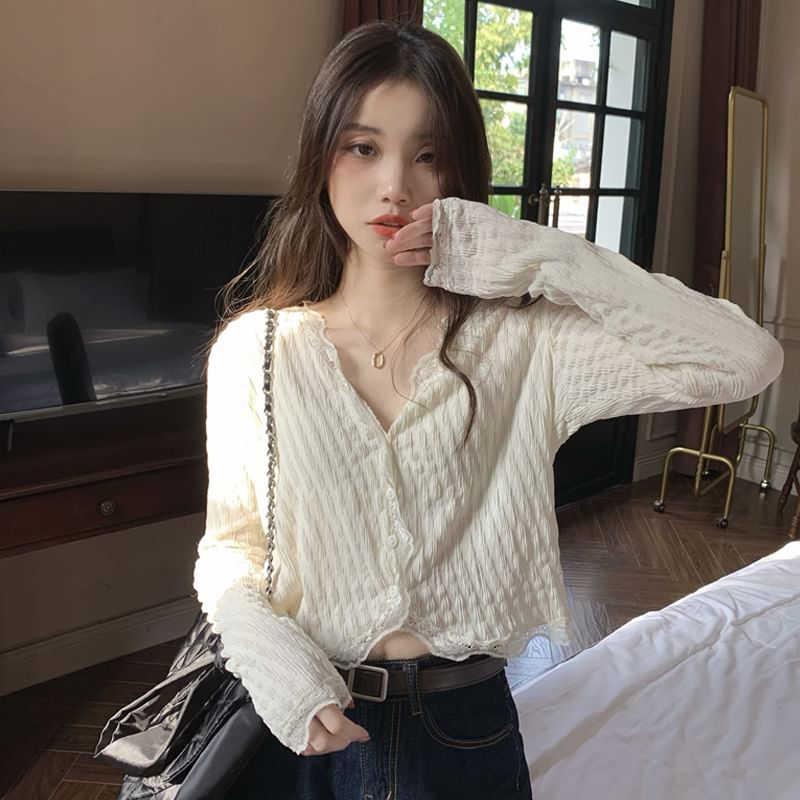 Lace Trim Cropped Blouse SpreePicky