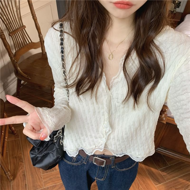 Lace Trim Cropped Blouse SpreePicky