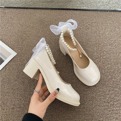 Faux Pearl Ankle-Strap Chunky-Heel Pumps mySite