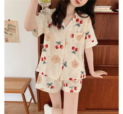 Pajama Set: Cherry Bear Print Top + Shorts SpreePicky