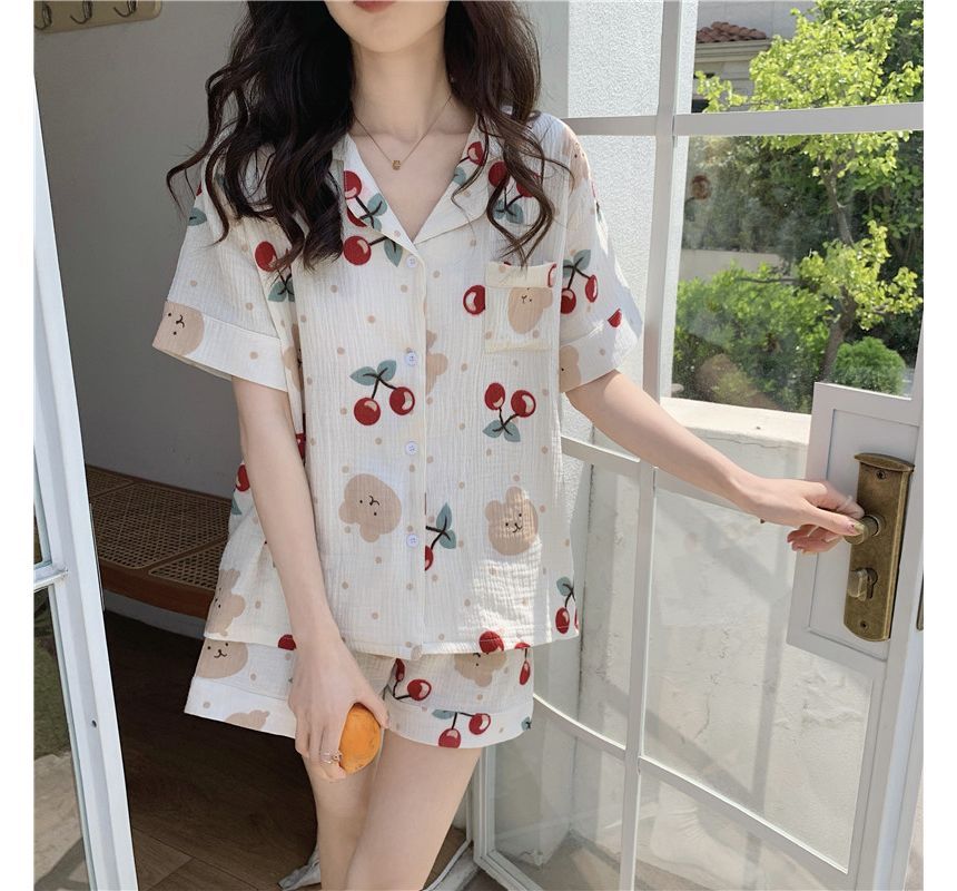 Pajama Set: Cherry Bear Print Top + Shorts SpreePicky