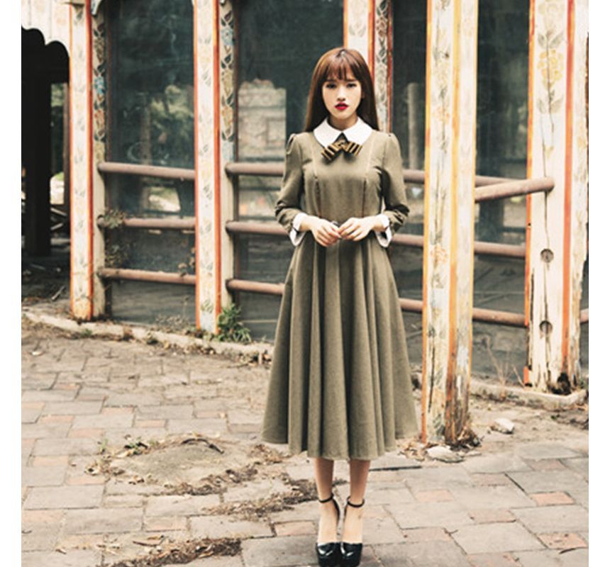 Long-Sleeve Contrast Collar Midi A-Line Dress SpreePicky