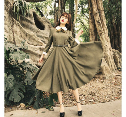 Long-Sleeve Contrast Collar Midi A-Line Dress SpreePicky