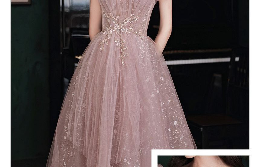 Short-Sleeve Embellished Maxi Prom Dress SpreePicky