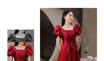 Puff-Sleeve Embellished Bow A-Line Prom Dress SpreePicky