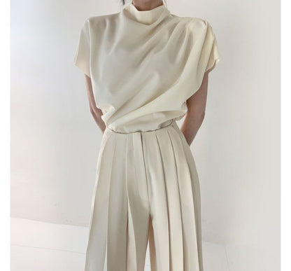 Short-Sleeve Mock Neck Blouse / High Waist Pleated Wide Leg Pants SpreePicky