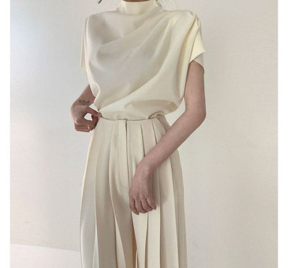 Short-Sleeve Mock Neck Blouse / High Waist Pleated Wide Leg Pants SpreePicky